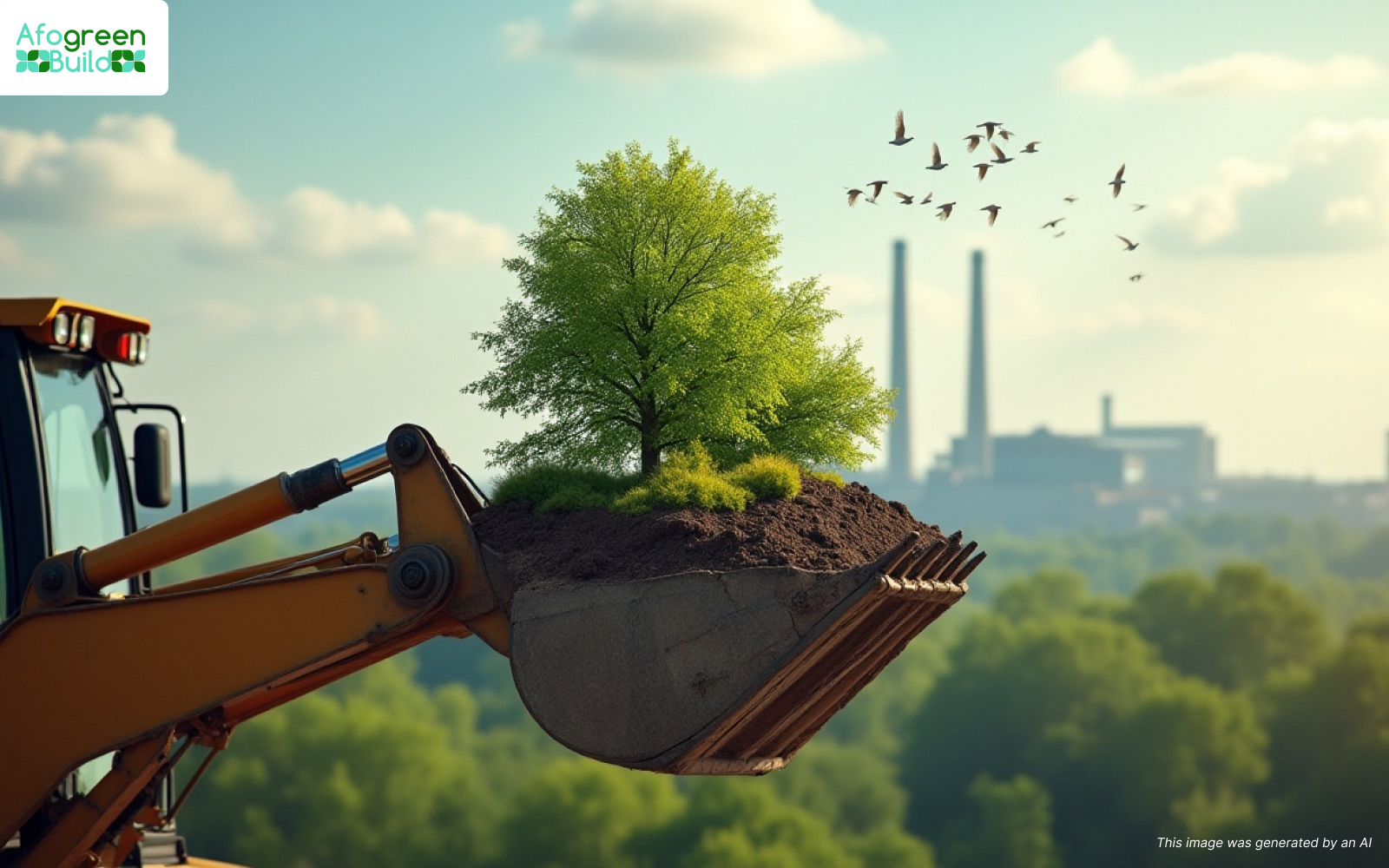 Excavator holding a tree to represent embodied carbon.