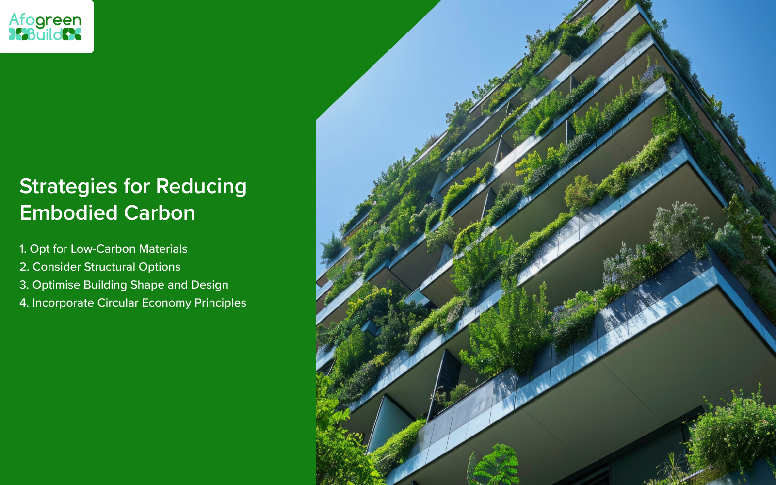 Green building facade with strategies for reducing carbon.