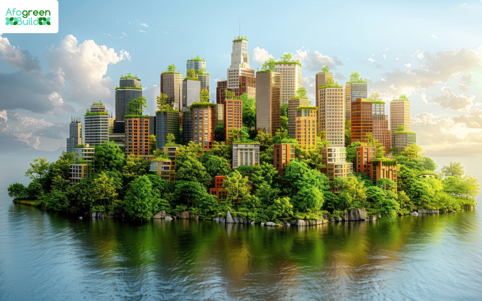 Lush green city buildings on an island surrounded by water.